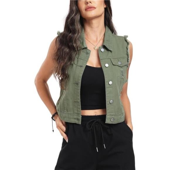 New Women's Cropped Distressed Denim Vest – Ripped Sleeveless Jean Jacket with - Picture 4 of 5